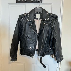 Studded Black Leather Moto Jacket - Women